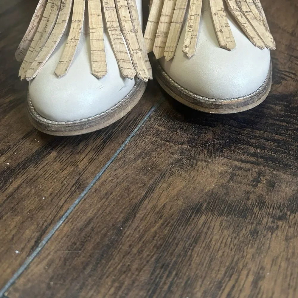 Rutz Walk in Cork Ankle Heel Boots Tan Fringe Womens 36 Side Zip